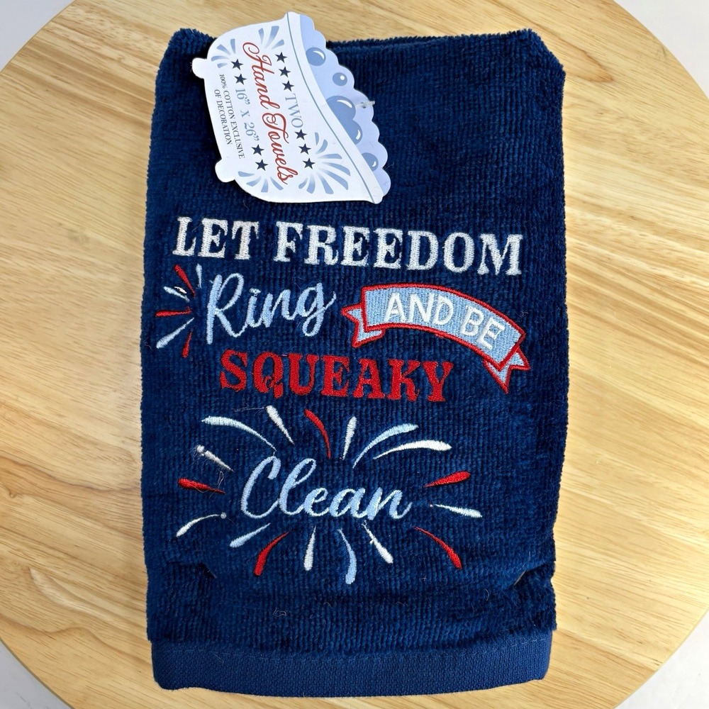 Set of 2 Patriotic USA Hand Towels 16x26 100% Cotton Blue White Red New